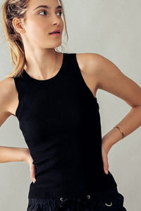 CASUAL FITTED RIB TANK TOP - BLACK