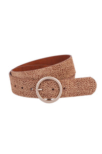 SPOTTED CALF HAIR BELT WITH ROSE GOLD CIRCLE BUCKLE