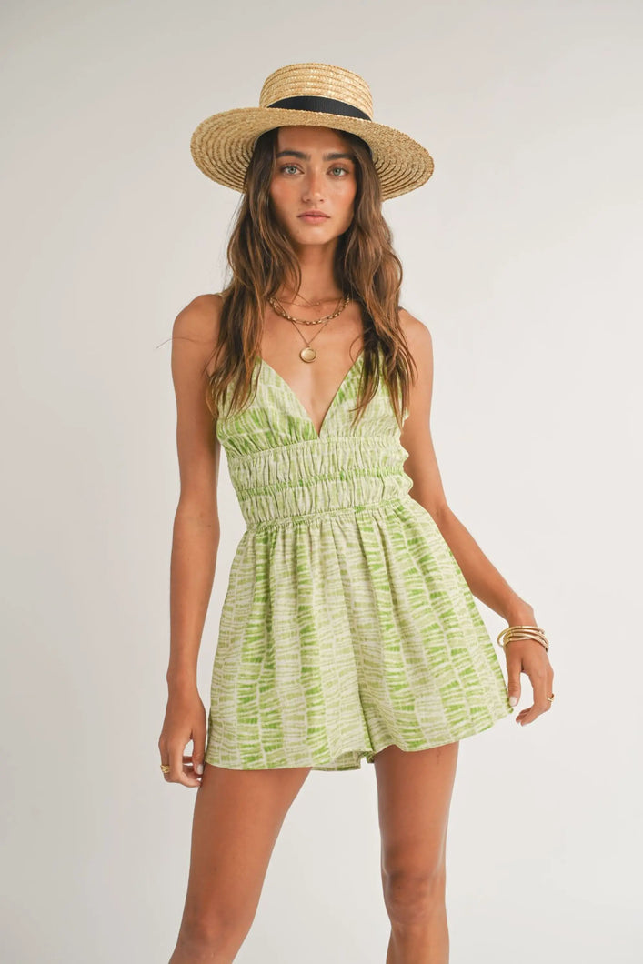 OUT AND ABOUT ELASTICATED ROMPER - LIME NATURAL