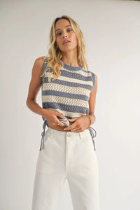 CASSIE SIDE RUCH SWEATER TANK - IVORY BLUE